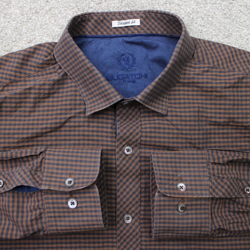 Bugatchi Uomo Shirt‎ Mens XL Brown Shaped Fit 100% Cotton Long Sleeve Button